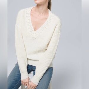 White House Black Market Ivory V-Neck Sweater With Faux Pearls Around The Neck